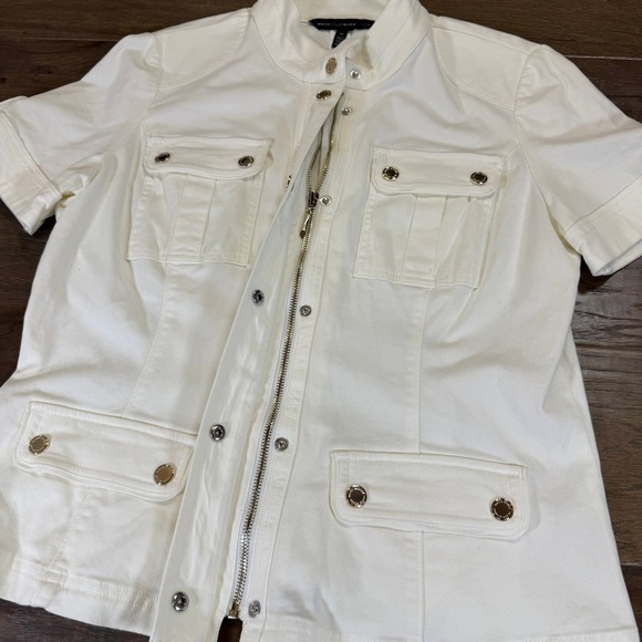 WHITE HOUSE BLACK MARKET‎ Short Sleeve Utility Jacket Cream Gold Button Size 12 - Picture 2 of 9